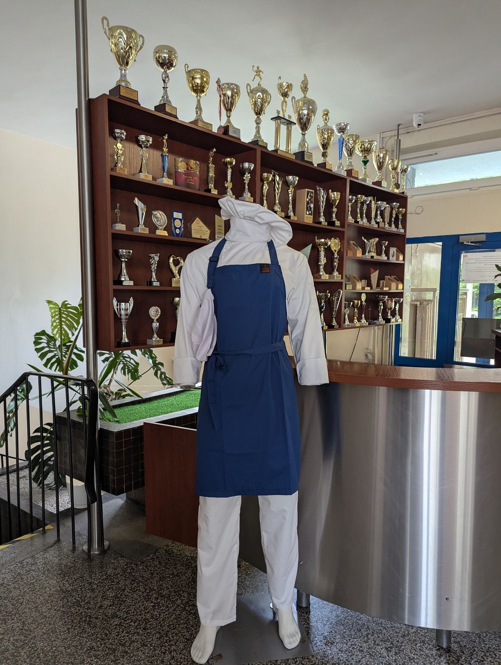 Un mannequin habillé en tenue de cuisinier — veste blanche, tablier bleu et toque — devant une vitrine de trophées.